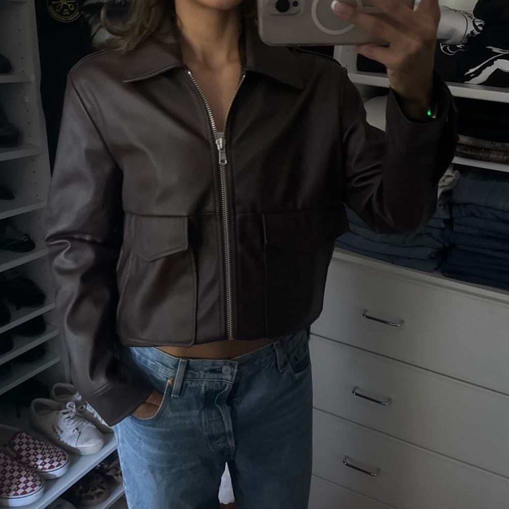 Avec les Filles Brown Leather Zip-Front Jacket - Womens